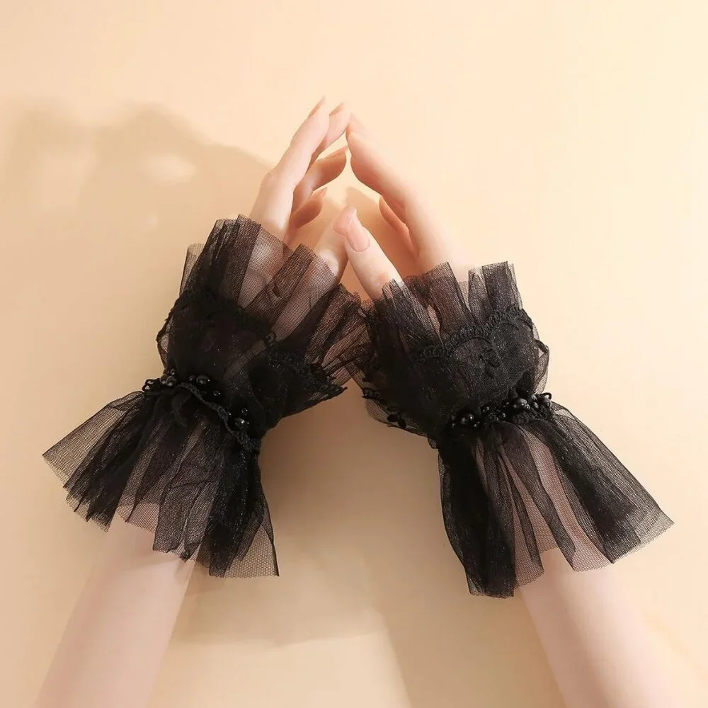 Women's Fingerless Black Pearl Tulle Short Lace Gloves Wedding Party Prom